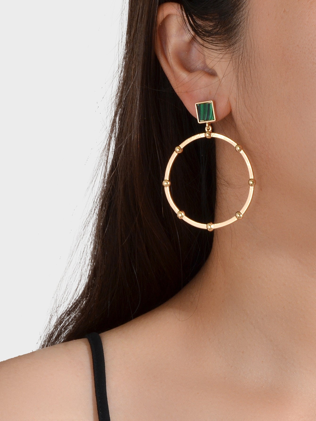 Trendy Jewellery Green Squre Decor Gold Circle Statement Dangle Party Earrings-0