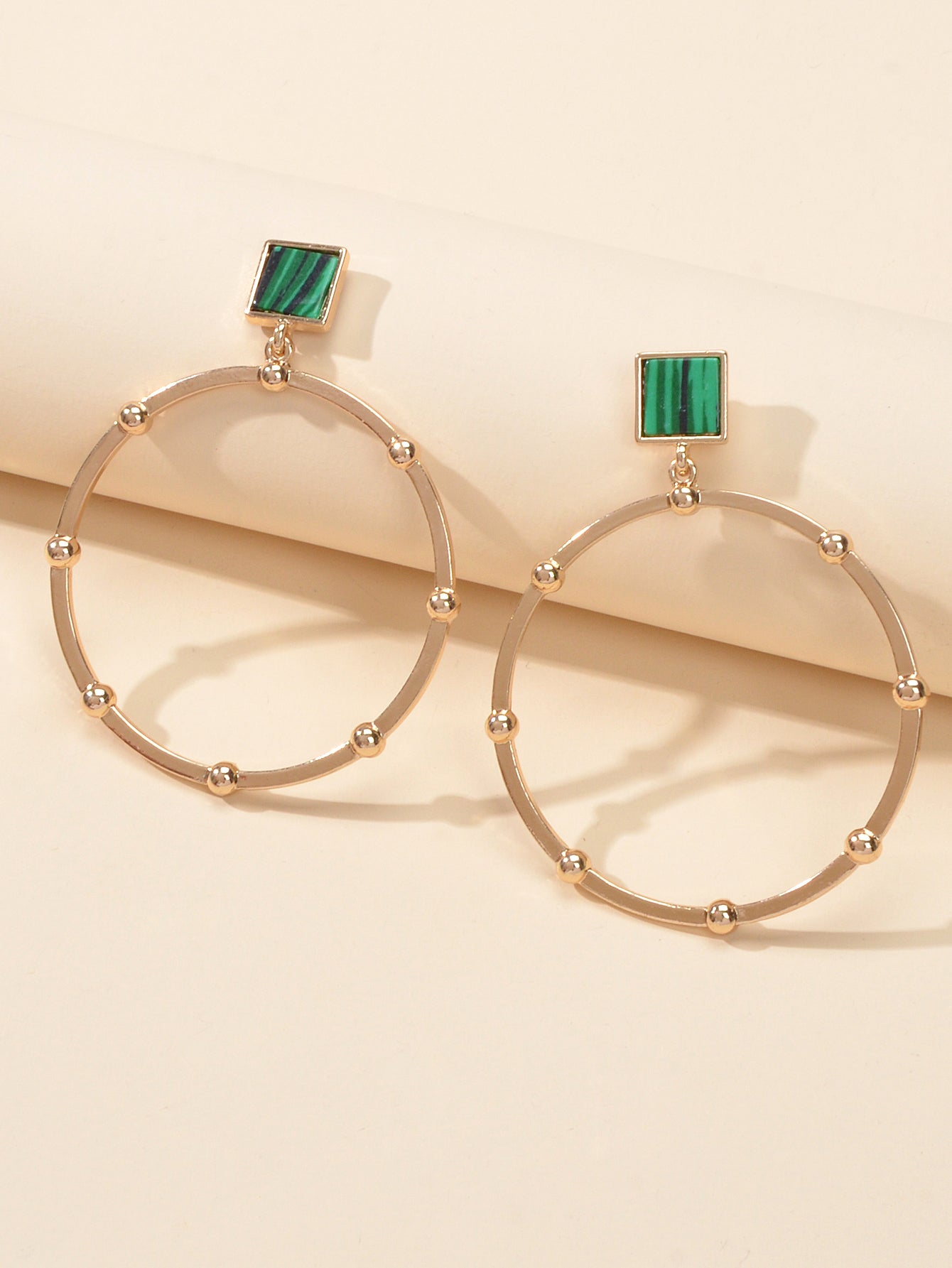Trendy Jewellery Green Squre Decor Gold Circle Statement Dangle Party Earrings-1