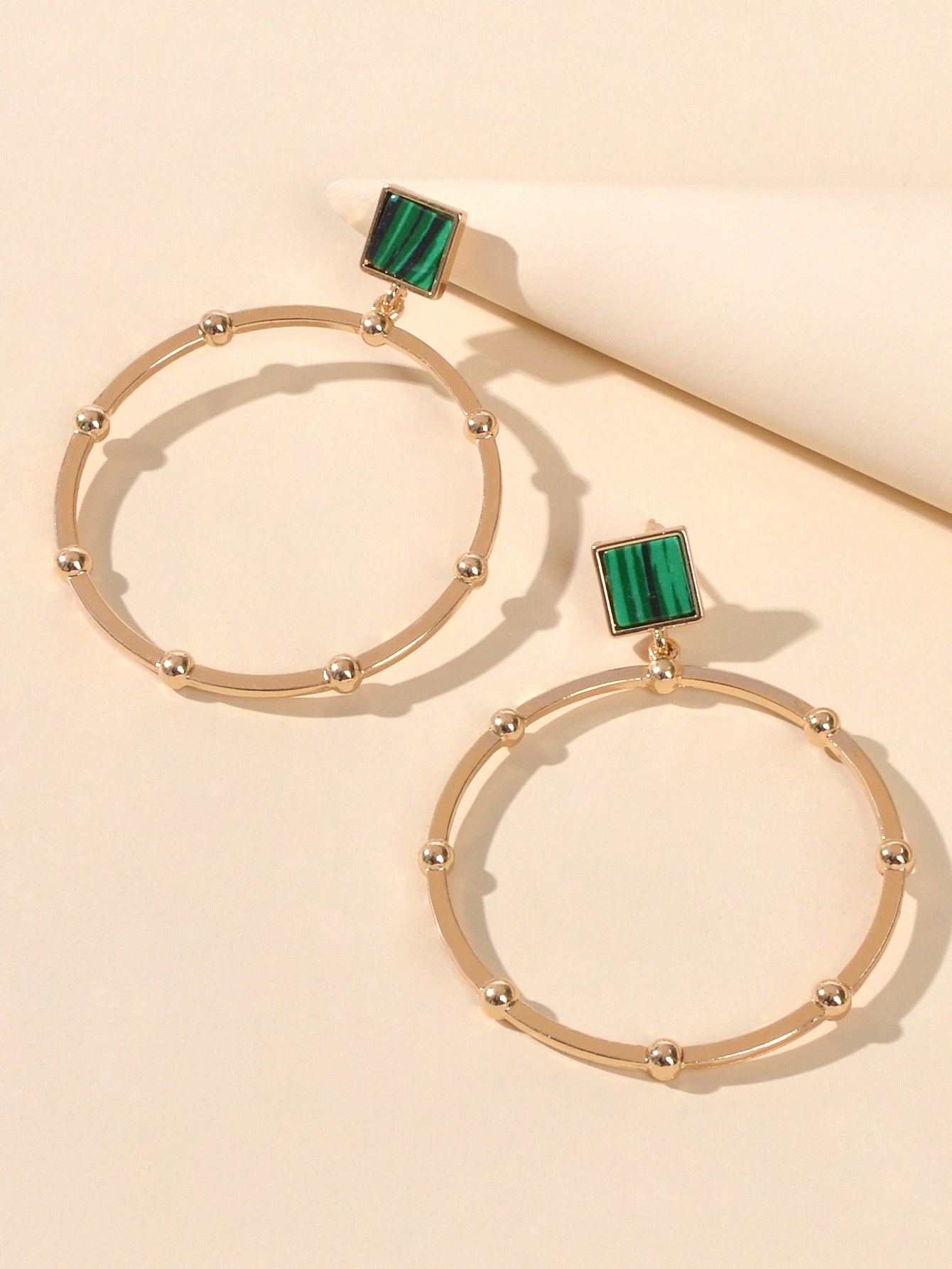 Trendy Jewellery Green Squre Decor Gold Circle Statement Dangle Party Earrings-3