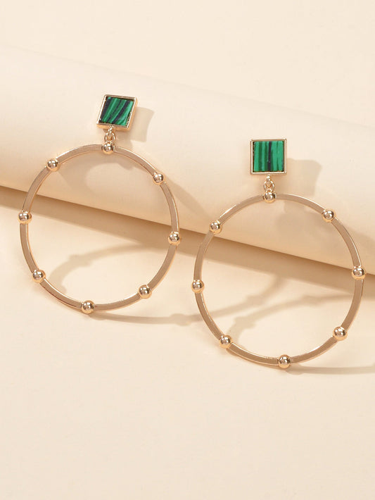 Trendy Jewellery Green Squre Decor Gold Circle Statement Dangle Party Earrings-1