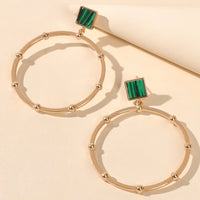 Trendy Jewellery Green Squre Decor Gold Circle Statement Dangle Party Earrings-3